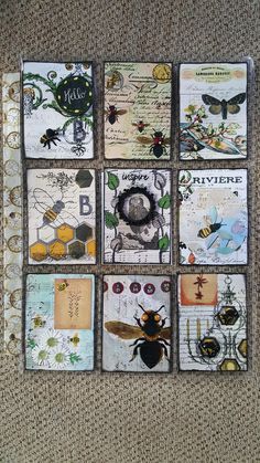 six different cards with pictures of bugs and bees on them are arranged in the shape of squares