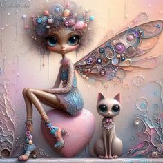 a cat and a fairy sitting on top of a heart