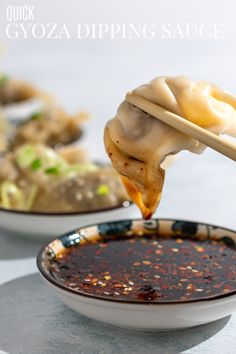 Gyoza sauce in a bowl with a Goyza dumpling being dipped into it. Gyoza Sauce Recipe, Gyoza Dipping Sauce, Gyoza Sauce, Japanese Gyoza, Gyoza Dumplings, Chicken Gyoza, Soy Sauce Rice, Dumpling Sauce