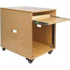 an open wooden cabinet with wheels on white background