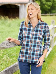 Whether you wear them on their own or layer them with a vest, sweater, or T-shirt, these eye-catching plaid shirts are sure to give your wardrobe added pizzazz...and comfort too. They have a classic look and feminine styling so they fit your curves instead of looking boxy and feeling bulky. The flannel is extra soft and the perfect weight for year-round wear.    Flattering, feminine style highlights the pretty plaid patterns   Classic shirt collar   Rounded drop-tail hem   Two patch chest pocket Vermont Country Store, Vest Sweater, Plaid Shirts, Fall Winter Wardrobe, Country Store, Boyfriend Shirt, Gray Plaid, Plaid Flannel Shirt, Plaid Flannel