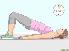 a woman doing an exercise on the floor with a clock in the back ground behind her