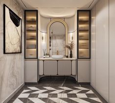 an elegant bathroom with marble floors and walls, along with two vanitys that have mirrors on them