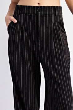 Pinstriped straight leg pants. Features: Button & zipper closure Belt loops Two side hip pockets Two back pockets Added pleats for detail Fabric: 80% Polyester 16% Viscose 4% Spandex PK11157 Strictly Business, Curvy Jeans, Curvy Dress, Leg Design, Straight Leg Trousers, Pants Black, Vest Dress, Jeans Dress, Straight Leg Pants