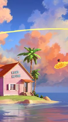 a pink house on an island with palm trees in the foreground and a bird flying over it