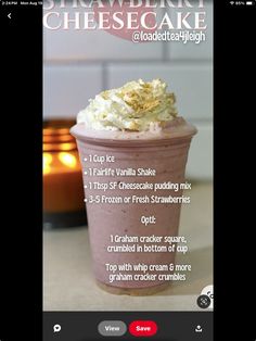 the recipe for strawberry cheesecake ice cream in a cup is shown on an iphone screen