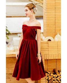 Buy Burgundy Velvet Knee Length Party Dress Pleated Off Shoulder at wholesale price online. Free shipping and pro custom service since 2009. Vintage Knee-length Dress For Banquet, Vintage Formal Christmas Dresses, Christmas Vintage Formal Dress, Vintage Christmas Formal Dresses, Formal Knee-length Christmas Dress, Formal Christmas Knee-length Dresses, Red Velvet Fashion, Velvet Party Dress, Engagement Dress