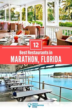 the restaurant with tables, chairs and water in front of it is featured for best restaurants in marathon, florida