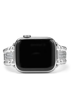 Update your Apple Watch with this sterling silver band textured with signature Caviar beads and sparkling pavé diamonds. Fits the Series 1 through 9 Apple Watch for sizes 38mm through 45mm (not included) Push-clasp closure Total diamond weight: 2.3ct. Color: G–H Clarity: SI Sterling silver/diamond Imported >Diamond Guide Elegant Silver Watch Bands For Anniversary, Classic Silver Apple Watch Band For Formal Occasions, Elegant Polished Finish Apple Watch Band For Formal Occasions, Elegant Silver Watch Bands With Diamond Hour Markers, Modern Silver Apple Watch Band For Formal Occasions, Elegant Silver Apple Watch Band For Formal Occasions, Classic Silver Apple Watch Band With Bracelet Strap, Silver Bracelet Strap Apple Watch Band For Formal, Silver Bracelet Strap Apple Watch Band For Formal Occasions