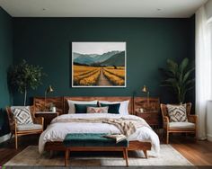 a bedroom with green walls and wooden furniture