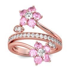 Buy Jeulia Rose Gold Tone Floral Round Cut Sterling Silver Ring online. Jeulia offers premium quality jewelry at affordable price, shop now! Pink Sapphire Ring Engagement, Art Deco Wedding Rings, Sterling Silver Rings Set, Pink Sapphire Ring, Silver Ring Set, Gold Earrings Designs, Diva Fashion, Cute Rings, Pretty Rings