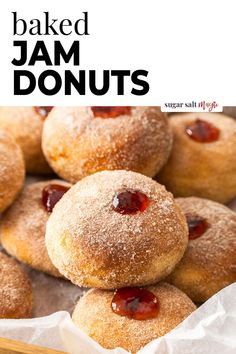 baked jam donuts stacked on top of each other with the title in the middle