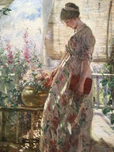 a painting of a woman standing in front of a potted plant with flowers on it