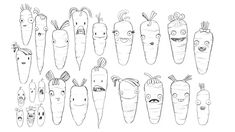 a group of carrots with faces drawn on them, all in different sizes and shapes