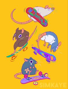 three cartoon mouses are riding skateboards and one rat is on a skateboard