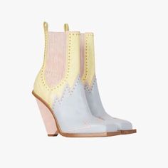 Pastel Pink, Blue And Yellow Leather Amp Suede Taylor Cowboy Ankle Boots With Decorative Eyelets 9.5 Cm / 3.7 In Suede-Covered Heel, Inside And Outside Elastics, Decorative Eyelets In A Burnished Gold Finishfits True To Size: Select Your Usual Size Made In Italy Main Material: Calfskin Item: Wn1ta658lvcmaaa Size 37/ Us 6.5 Multicolor Leather Summer Boots, Multicolor Leather Boots For Spring, Spring Multicolor Leather Boots, Spring Multicolor Heeled Boots With Round Toe, Yellow Leather Spring Boots, Yellow High Ankle Boots For Spring, Yellow Ankle Boots For Spring, Spring Yellow Leather Boots, Calf Leather High Heel Boots For Spring