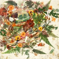 an abstract painting with flowers and leaves in the center, on a white background that looks like it has been made out of paper