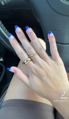 Blue French tip acrylic nails. Blue French with dot. Blue French Tip Nails Almond Shape, Blue Tip Acrylics, Gel Tips Nails Ideas Almond, Blue Tip Almond Nails, Blue Tips Nails, Blue Almond Shaped Nails, Nails Blue Tips, Almond Shaped French Tip Nails, Cute Almond Shaped Nails