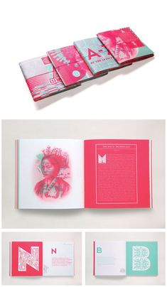 an open book with pink and green designs on the cover, in front of several different images