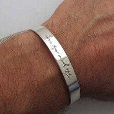 Handwriting Cuff Bracelet for men, Sterling Silver Mens Bracelet, Husband Gift, Memorial Handwritten Jewelry Memorial Gift personalized gift, Mens Birthday Git Are you looking for a really unique gift for men? Consider this one-of-a-kind handwriting bracelet and send your message with it! The finest sterling silver bracelet is crafted in minimalist style. So be sure, it will suit any taste and style well. The focal point of the design is the engraving you create by your own. I'm offering to engr Handwritten Jewelry, Mens Bracelet Personalized, Custom Engraved Bracelet, Mens Birthday, Handwriting Bracelet, Engraved Cuff, Signature Bracelet, Cousin Gifts, Handwriting Jewelry