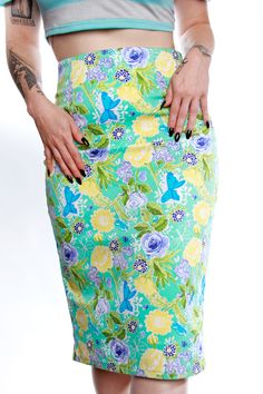 High Waisted Floral Dream Skirt Heavy Weight Stretch cotton twill floral dream print pencil skirt. Kick pleat, and stretch fused waist facing. Limited edition. Made in House to order. Model is wearing a size small. Summer Long Stretch Pencil Skirt, Summer Stretch Long Pencil Skirt, Casual Fitted Skirt For Garden Party, Fitted Casual Skirt For Garden Party, Fitted Mini Skirt For Garden Party, Stretch Floral Print Midi Skirt, Stretch Midi Skirt With Floral Print, Spring Printed Pencil Skirt, Floral Print Stretch Long Skirt