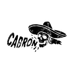 a black and white drawing of a skull wearing a sombrero with the word carbon on it