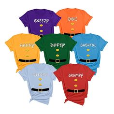 six t - shirts with the words happy, sleepy, dopey, grumpy and sweeppy on them