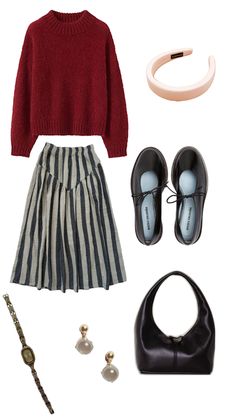 a woman's outfit and accessories including shoes, handbag