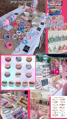 a collage of pictures with different items for sale on the table and in front of them