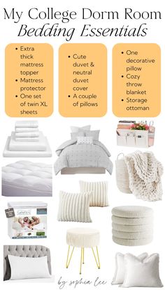 the college dorm room bedding essentials are shown in yellow and white, including pillows,