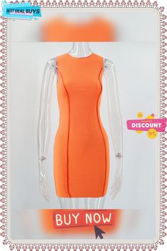 Summer Ladies Round Neck Sleeveless Solid Color Fashion Slim Bodycon Dress Summer Sheath Stretch Bodycon Dress, Summer Sheath Bodycon Dress With Stretch, Orange Mini Sleeveless Dress, Fitted Orange Sleeveless Dress For Party, Orange Fitted Sleeveless Party Dress, Stretch Orange Sleeveless Dress For Party, Orange Stretch Sleeveless Dress For Party, Solid Color Sleeveless Bodycon Mini Dress, Orange Knee-length Bodycon Dress