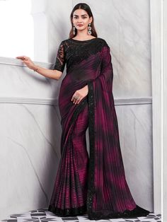 Celebrate your upcoming parties, events, and any occasion with this beautifully designed magenta & black silk saree with sequin and embroidered work, paired with a black silk blouse also featuring sequin and embroidered work. This stunning saree is perfect for adding an ethnic touch to your look and making a statement wherever you go. The key features of this gorgeous saree include a rich magenta and black color combination, intricate sequin, and embroidered work, and a luxurious silk fabric Sequin Saree Party Wear, Black Silk Blouse, Kurti Designs Latest, Casual Saree, Trendy Sarees