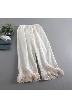 Lace Whisper Palazzo Pants Full Length Bottoms With Lace Trim For Spring, Beige Stretch Cotton Wide Leg Pants, Summer Bottoms With Lace Trim And Non-stretch Fit, Casual Cotton Pants With Lace Trim, Casual Summer Pants With Lace Trim, Casual Stretch Pants With Lace Trim, Casual White Pants With Lace Trim, Beige Cotton Bottoms With Lace Trim, Spring Trousers With Lace Trim