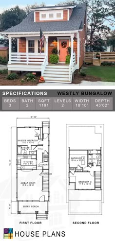 the floor plan for a small house with two levels and an attached porch, is shown in