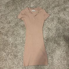 Never Worn Casual Stretch Beige Midi Dress, Beige Bodycon Sweater Dress For Spring, Casual Beige Midi Dress For Date Night, Casual Beige Sweater Dress For Summer, Casual Beige Stretch Sweater Dress, Casual Beige Ribbed Dress, Brown Ribbed Sweater Dress For Spring, Casual Neutral Sweater Dress, Fitted Brown Sweater Dress For Spring