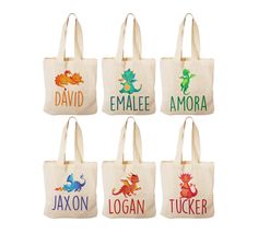 six personalized tote bags in different colors and sizes, with the names of each child's name printed on them