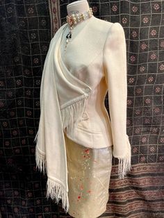 Thierry Mugler Jacket - Etsy Cream Evening Blazer For Fall, Formal Cream Tweed Jacket For Fall, Cream Tweed Jacket For Formal Fall Occasions, Elegant Cream Tweed Jacket For Winter, Beige Blazer For Evening In Fall, Cream Wool Tweed Jacket With Long Sleeves, Cream Fringe Outerwear For Winter, Winter Cream Outerwear With Fringe, Elegant Long Sleeve Outerwear With Fringe