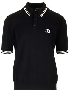 Slim fit polo shirt in black stretch cotton with short sleeves with stitched logo from Dolce & Gabbana. Designer Black Polo Shirt With Ribbed Collar, Designer Black Polo Shirt With Collared Neckline, Black Designer Polo Shirt With Collared Neckline, Designer Short Sleeve Tops With Ribbed Collar, Designer Short Sleeve Top With Ribbed Collar, Designer Tops With Embroidered Logo, Designer Top With Embroidered Logo And Collared Neckline, Luxury Black Polo Shirt With Short Sleeves, Luxury Black Short Sleeve Polo Shirt