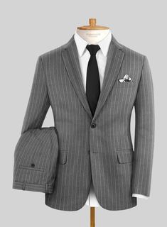 Gray remains a perpetual fashion choice; it stands as a timeless classic. We've made sure you can embrace it through our Italian Afito Gray Chalkstripe Flannel Suit. Crafted from pure wool fabric, this suit features a tasteful striped pattern that lends an extra layer of sophistication to your attire. The refined hue possesses remarkable versatility, effortlessly guiding you from opulent soirées to elegant receptions, from relaxed weekend gatherings to demanding workdays. This ensures that you c Classic Long Sleeve Pinstripe Suits, Pinstripe Suits For Winter Business, Winter Pinstripe Business Suits, Fall Pinstripe Formal Suit, Fall Formal Pinstripe Suits, Winter Pinstripe Suits For Workwear, Winter Pinstripe Suits For Work, Winter Pinstripe Suit For Workwear, Pinstripe Wool Suits For Fall