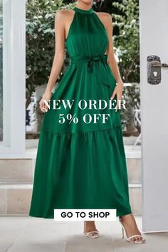 Elegant Casual High Waist Sleeveless Maxi Halter Dress Green Sleeveless Solid Color Dress, Green Sleeveless Non-stretch Maxi Dress, Maxi Halter Dress, Casual Elegant Style, Maxi Dress Outfit, Slim Tie, Elegant Casual, Fashion Elegant, Summer Maxi Dress