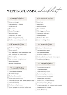 the wedding planning checklist is shown in black and white