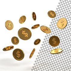 some gold coins flying in the air and on top of each other with checkered background