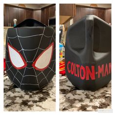 two pictures of the same spiderman mask on top of each other, one is black with red and white eyes