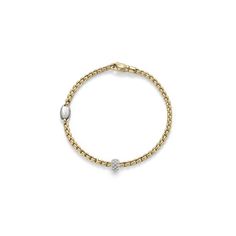 This delicate Yellow gold bracelet from Fope features an Eka style link and is finished with a mini white gold rondel encrusted with pave’ set diamonds. Luxury White Gold Chain Bracelet With Pave Setting, Luxury White Gold Bracelet With Single Diamond, Timeless Gold Bracelet With Pave Setting, Fine Jewelry White Gold Chain Bracelet With Pave Setting, White Gold Chain Bracelet With Pave Setting Fine Jewelry, White Gold Chain Bracelet With Pave Setting, Everyday Luxury White Gold Jubilee Chain Bracelet, Timeless Bracelets With Pave Setting, Gold Bracelet With Pave Setting Fine Jewelry