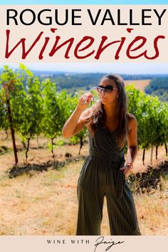 a woman drinking from a wine glass in front of a vineyard with the words roge valley wines on it