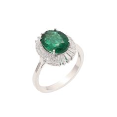 Natural Diamond Emerald Gemstone Ring | Solid 18K White Gold Statement Ring Jewelry | Emerald Engagement Ring | Gold May Birthstone Ring STONE DETAILS : ❋ Stone : Emerald & Diamond  ❋ Stone Size : 8x10 MM Approx. (± 0.20 MM) ❋ Stone Shape : Oval Cut ❋ Stone Color : As Shown In Picture ❋ Emerald Weight : 3.17 Cts. Approx. ❋ Diamond Weight : 0.55 Cts. Approx. ❋ Diamond Quality : FG-SI ❋ Stone / Diamond Type : Natural METAL DETAILS : ❋ Metal Purity : Solid 18K Gold  ❋ Metal Color : White Gold ❋ Rin Luxury Green Oval Cluster Ring, Luxury Oval Diamond Ring, Dazzling Oval Emerald Ring For Formal Occasions, Luxury Oval Cabochon Ring With Center Stone, Dazzling Oval Emerald Ring With Accent Stones, Dazzling Oval Emerald Gemstone Ring, Luxury Oval Emerald Cluster Ring, Oval Emerald Rings With Polished Finish, Elegant Emerald Ring With Oval Cabochon Halo Setting