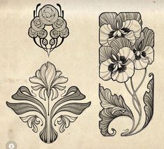 an old fashioned tattoo design with flowers and leaves on the upper half of each piece