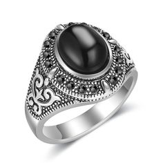 PRICES MAY VARY. VINTAGE CHIC：Elevate your style with exquisite collection of black onyx rings for women, featuring elaborate designs set with unique black zirconia and marcasite stones. Each ring is a stunning piece tailored to be the perfect cocktail ring EXQUISITE CRAFTSMANSHIP：Crafted with care, our black and silver rings for women are made of copper, ensuring they black onyx rings for women are free of cadmium and nickel. The thicker plating on black onyx rings guarantees long-lasting wear Obsidian Ring, Black Stone Ring, Gothic Rings, Black Onyx Stone, Vintage Cocktail, Black Onyx Ring, Statement Ring Silver, Jewelry Images, Cute Rings