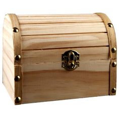 an empty wooden box with brass hardware on the top and bottom, isolated against a white background