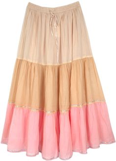 Peaches and cream come alive in this delicate and gorgeous three-tiered pastel cotton long skirt! The flared skirt is half lined, with a voile fabric and features a delicate border with sequins and lace, making it look subtle and elegant.  The skirt has a drawstring elastic waist for ease of comfort. #tlb #Lace #TieredSkirt #MaxiSkirt #vacationclothing #beachwrap #Dance #FairyCoreSkirt #PixieSkirt #FairyTaleSkirt Pink Ruffled Cotton Maxi Skirt, Pink Tiered Cotton Maxi Skirt, Pink Cotton Maxi Skirt With Ruffles, Pink Sequin Skirt, A Line Skirt Outfits, Beach Dance, Sequin Skirts, Pastel Skirt, Dream Items